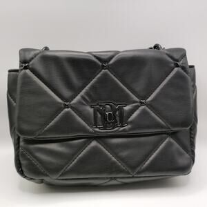 Badgley Mischka Diamond Quilt Shoulder Bag Black Vegan Leather Gold Chain